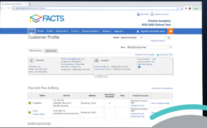 screenshot of FACTS Tuition Management